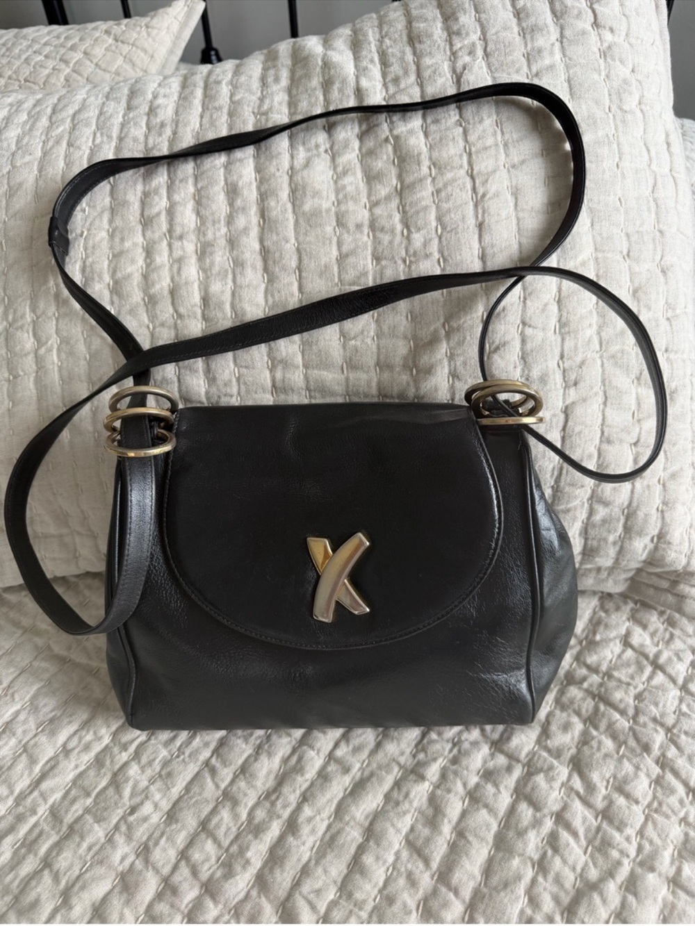 Paloma Picasso Black Leather Shoulder Bag with Gold Accent